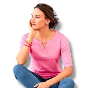 TALBOTS SPLIT NECK COTTON TEE - SOLID PINK